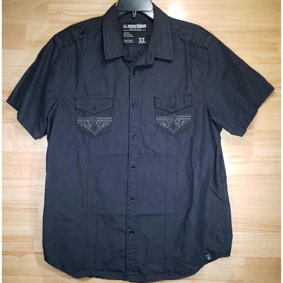 Machine Men’s XL Black Short Sleeve Button Up Shirt Embroidered Pockets Casual - Picture 2 of 8